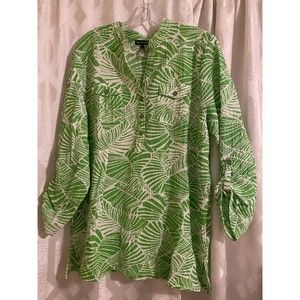 Womens Blouse Top Sz L Vacation Tropical Beach Green and White